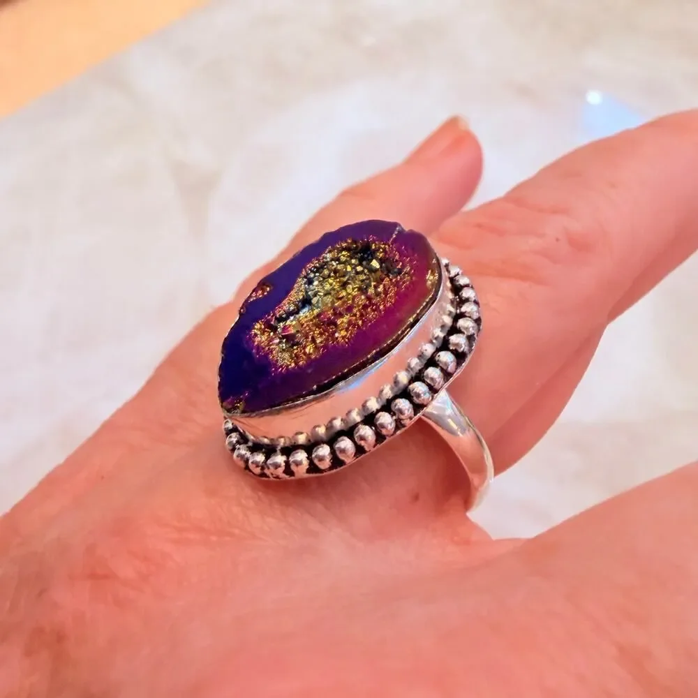 Rainbow Titanium Druzy 925 Silver Plated Ring Size 10